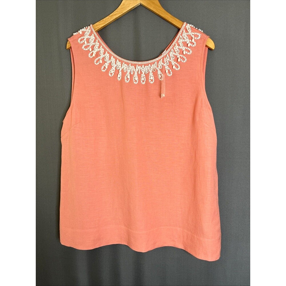 Isaac Mizrahi Beaded Linen Blend Tank Top Size XL Peach Melon Embellished Cruise
